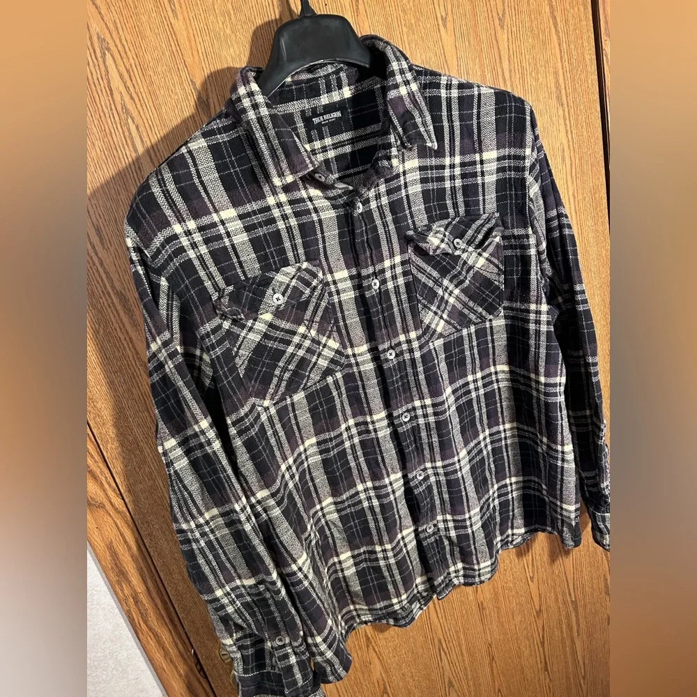True Religion Travertine Workwear Black and White Plaid Flannel